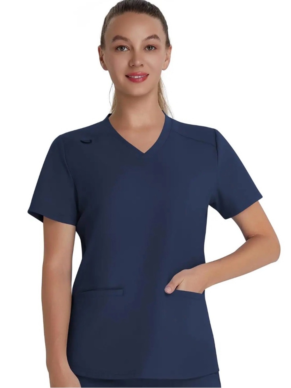 NEW QBK Women’s 2XL Navy Stretch V-Neck Scrub Top 2 Pocket